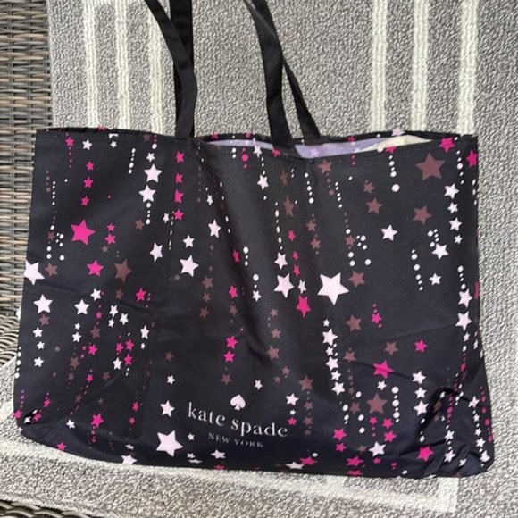 kate spade Handbags - Kate Spade Black Multi Color with Light and Dark Pink Stars Canvas Tote XL Reusa